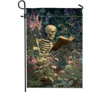 Drapeau de jardin floral d'automne, livre de lecture squelette violet, bannière de décoration d'intérieur, drapeau de cour double face en toile de jute, décoration extérieure d'Halloween 30,5 x 45,7