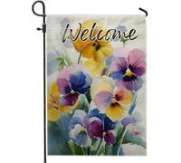 Drapeau de jardin floral de bienvenue, décoration extérieure de pensée colorée, bannière de pelouse printemps-été, décoration de cour double face en polyester pour la maison, 30,5 x 45,7 cm