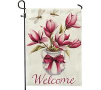 Drapeau de jardin floral de bienvenue, fleurs de magnolia pêche avec abeilles, décoration extérieure double face en toile de jute pour le printemps et l'été, parfait pour terrasse et pelouse, 30,5 x