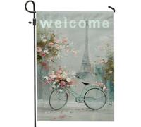 Drapeau de jardin floral de bienvenue, fleurs parisiennes bleu clair, bannière de décoration extérieure, drapeau double face en toile de jute pour pelouse, décoration printemps-été, 30,5 x 45,7 cm