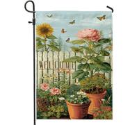 Drapeau de jardin floral de bienvenue, pêche, tournesol, papillon, décoration extérieure, drapeau de cour double face en toile de jute, décoration de pelouse printemps été 30,5 x 45,7 cm