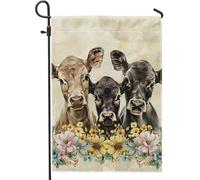 Drapeau de jardin floral de ferme printanière, vaches et fleurs multicolores, aquarelle artistique, animaux de jardin pour décoration extérieure saisonnière 30,5 x 45,7 cm