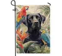 Drapeau de jardin floral de la jungle tropicale, perroquet coloré et labrador noir, bannière de cour, bannière double face en toile de jute pour décoration saisonnière de pelouse pour printemps été