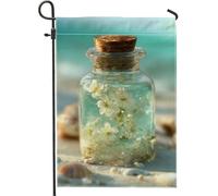 Drapeau de jardin floral de plage d'été, pot en verre bleu avec fleurs blanches, bannière double face en toile de jute pour pelouse et jardin 30,5 x 45,7 cm