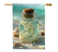 Drapeau de jardin floral de plage d'été, pot en verre bleu avec fleurs blanches, bannière double face en toile de jute pour pelouse et jardin, 71 x 101,6 cm