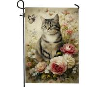 Drapeau de jardin floral de printemps, chaton tigré gris, décoration extérieure, bannière de pelouse double face en toile de jute, cadeau pour amoureux des animaux, décoration saisonnière de la maison
