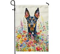 Drapeau de jardin floral de printemps et d'été, portraits colorés de Doberman avec fleurs sauvages, décoration d'intérieur, drapeaux de jardin décoratifs double face pour décoration de pelouse