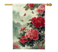 Drapeau de jardin floral de printemps, fleurs de pivoine rouge, papillon, décoration extérieure, bannière de cour en toile de jute double face, décoration de pelouse de vacances, 71 x 101,6 cm