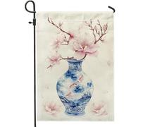 Drapeau de jardin floral de printemps, vase de fleurs de magnolia pêche, décoration extérieure, drapeau double face en toile de jute parfait pour la décoration de la maison, de la pelouse, 30,5 x 45,7