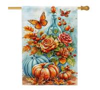 Drapeau de jardin floral de récolte d'automne, bannière de décoration de citrouille orange rose, drapeau de cour, drapeau de cour en toile de jute pour décoration extérieure d'automne, 71,1 x 101,6 cm