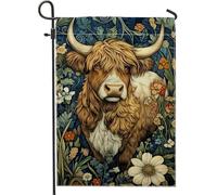 Drapeau de jardin floral de vache des hautes terres, décoration extérieure de vache florale marron, drapeau de cour printemps et été, décoration de pelouse en toile de jute double face, 12x18