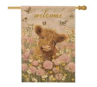 Drapeau de jardin floral de vache des hautes terres, fleurs sauvages jaunes pêche, papillon, ferme, bannière décorative en toile de jute double face, décoration de pelouse extérieure, 28 x