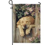Drapeau de jardin floral d'été, chien de laboratoire jaune endormi, bannière de jardin, bannière de jardin, drapeau de cour double face en toile de jute, décoration de pelouse extérieure, 30,5 x 45,7