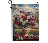 Drapeau de jardin floral d'été et de printemps, rouge, blanc, bleu, fleur de pensée, papillon, bannière de décoration extérieure, bannière double face en toile de jute, décoration de vacances, 30,5 x