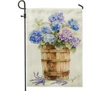 Drapeau de jardin floral d'été, hortensias bleus et violets dans un seau en bois, décoration d'intérieur, drapeaux de jardin, drapeau de cour double face en toile de jute, décoration de pelouse