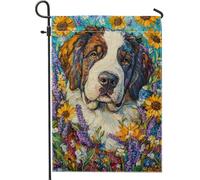 Drapeau de jardin floral d'été, illustration colorée de chien Saint Bernard, décoration extérieure, drapeau de cour double face en toile de jute pour décoration de pelouse, parfait pour les amoureux