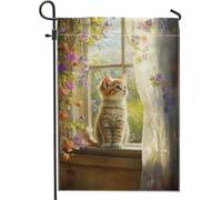 Drapeau de jardin floral d'été, joli chat tigré orange, drapeau de cour double face en toile de jute pour décoration de pelouse, décoration d'intérieur pour amoureux des animaux, 30,5 x 45,7 cm