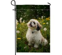 Drapeau de jardin floral d'été pour chien, bannière blanche Shih Tzu animal extérieur, décoration double face pour pelouse, fête à la maison, 30,5 x 45,7 cm