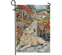 Drapeau de jardin floral d'été, scène de marché de chien labrador jaune, décoration extérieure, drapeau vintage double face, décoration d'intérieur, 30,5 x 45,7 cm