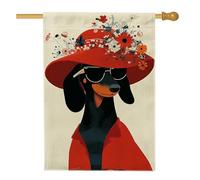 Drapeau de jardin floral d'été teckel, chien chapeau rouge avec fleurs, décoration extérieure, bannière double face en toile de jute pour décoration de maison et de fête, 71 x 101,6 cm