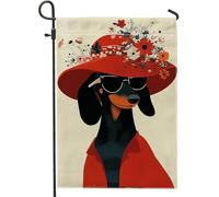 Drapeau de jardin floral d'été teckel, chien chapeau rouge avec fleurs, décoration extérieure, bannière double face en toile de jute pour décoration de maison et de fête, 30,5 x 45,7 cm
