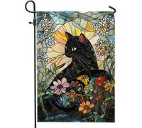 Drapeau de jardin floral en forme de chat, fleurs sauvages colorées, lumière du soleil, drapeau de jardin, drapeau de jardin double face en vitrail pour décoration de maison et de jardin, 30,5 x 45,7