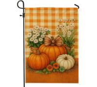 Drapeau de jardin floral en forme de citrouille d'automne, bannière de décoration d'intérieur à carreaux vichy orange, drapeau double face en toile de jute, décoration de pelouse extérieure de