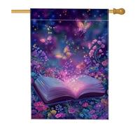 Drapeau de jardin floral fantaisie, livre enchanté violet, décoration extérieure, drapeau de cour double face en toile de jute, décoration saisonnière de pelouse, 71,1 x 101,6 cm