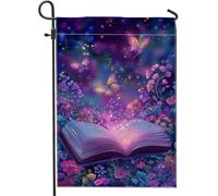 Drapeau de jardin floral fantaisie, livre enchanté violet, décoration extérieure, drapeau de cour double face en toile de jute, décoration saisonnière de pelouse, 30,5 x 45,7 cm