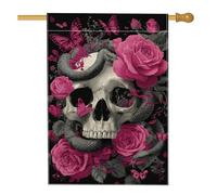 Drapeau de jardin floral gothique en forme de tête de mort, pêche, roses, papillon, bannière de décoration d'intérieur, toile de jute double face, décoration de pelouse, fête d'Halloween, décoration