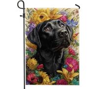 Drapeau de jardin floral labrador noir, bannière de pelouse d'extérieur double face pour décoration de maison, cour pour fête de vacances, 30,5 x 45,7 cm