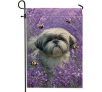 Drapeau de jardin floral lavande pour chien, violet Shih Tzu avec abeilles, décoration extérieure, bannière double face en toile de jute pour décoration de cour printemps été 30,5 x 45,7 cm