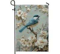 Drapeau de jardin floral oiseau bleu, bannière élégante de décoration d'intérieur, bannière double face en toile de jute, décoration de pelouse extérieure, 30,5 x 45,7 cm