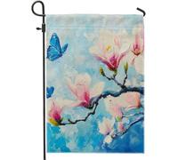Drapeau de jardin floral orchidée printemps papillon esthétique classique peinture à l'huile art lin bleu mini lourd épais maison fête intérieur extérieur terrasse clôture pelouse drapeau de jardin