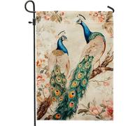 Drapeau de jardin floral paon coloré avec fleurs de pêche, bannière de décoration extérieure, drapeau de cour double face pour décoration de printemps et été, 30,5 x 45,7 cm