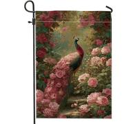 Drapeau de jardin floral paon, roses de pêche et oiseau coloré, bannière double face en toile de jute pour décoration de pelouse de printemps et d'été, 30,5 x 45,7 cm