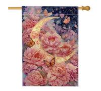 Drapeau de jardin floral, pêche, pivoine, lune, papillon, décoration extérieure, bannière double face en toile de jute, décoration de pelouse printemps été 71 x 101,6 cm