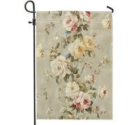 Drapeau de jardin floral pivoine cottage core shabby vintage feuille de fleur rétro élégant lin gris imprimé panneau décoration motif grande maison intérieur extérieur patio drapeau double face 30,5 x