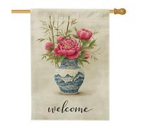Drapeau de jardin floral pivoine, vase de fleurs de pêche, bannière de bienvenue pour la maison, drapeau de cour double face, décoration de pelouse extérieure de printemps, 71 x 101,6 cm