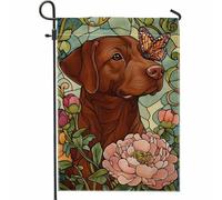 Drapeau de jardin floral pour chien et papillon de laboratoire de chocolat, bannière double face pour décoration d'intérieur, décoration de pelouse extérieure, motif amoureux des animaux coloré, 30,5