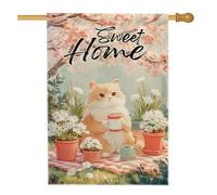Drapeau de jardin floral printanier, chat mignon avec fleurs, bannière de décoration d'intérieur, drapeau double face en toile de jute, décoration extérieure 71 x 101,6 cm