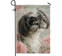 Drapeau de jardin floral printanier, chien Shih Tzu gris avec lunettes et roses de pêche, bannière vintage pour décoration d'intérieur, drapeau double face en toile de jute pour fête saisonnière