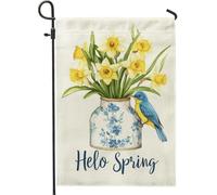 Drapeau de jardin floral printanier, jonquilles jaunes et merle bleu, drapeau de décoration extérieure double face, décoration de pelouse pour fête de vacances, 30,5 x 45,7 cm
