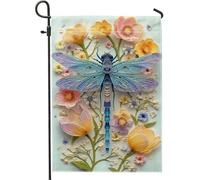 Drapeau de jardin floral printanier, libellule bleue et fleurs multicolores, bannière de décoration d'intérieur, drapeau double face en toile de jute, décoration de pelouse extérieure, 30,5 x 45,7 cm