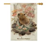 Drapeau de jardin floral printanier, pêche capybara et fleurs de nénuphar, bannière de décoration d'intérieur, drapeau de cour double face en toile de jute, décoration de pelouse extérieure 71 x 101,6