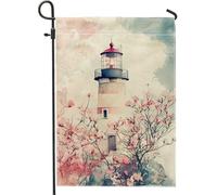 Drapeau de jardin floral printanier, phare de fleurs de pêcher, bannière de décoration d'intérieur côtière, drapeau double face en toile de jute, drapeau de cour en toile de jute pour décoration de