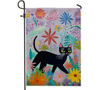 Drapeau de jardin floral printemps été, chat dans un jardin fleuri coloré, drapeaux de décoration d'intérieur, drapeau double face en toile de jute pour décoration de pelouse extérieure, 30,5 x 45,7