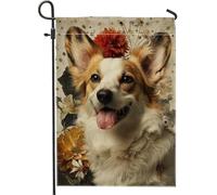 Drapeau de jardin floral printemps été, chien corgi heureux avec fleurs décoratives, bannière de cour, toile de jute double face, décoration extérieure pour les amoureux des animaux, 30,5 x 45,7 cm