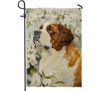 Drapeau de jardin floral printemps-été, chien Saint-Bernard avec fleurs, décoration extérieure, drapeau de cour double face en toile de jute, décoration saisonnière de la maison, 30,5 x 45,7 cm