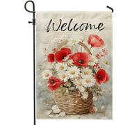 Drapeau de jardin floral printemps été, coquelicot rouge et marguerite, bannière de bienvenue pour la maison, drapeau double face en toile de jute, décoration de pelouse extérieure 30,5 x 45,7 cm